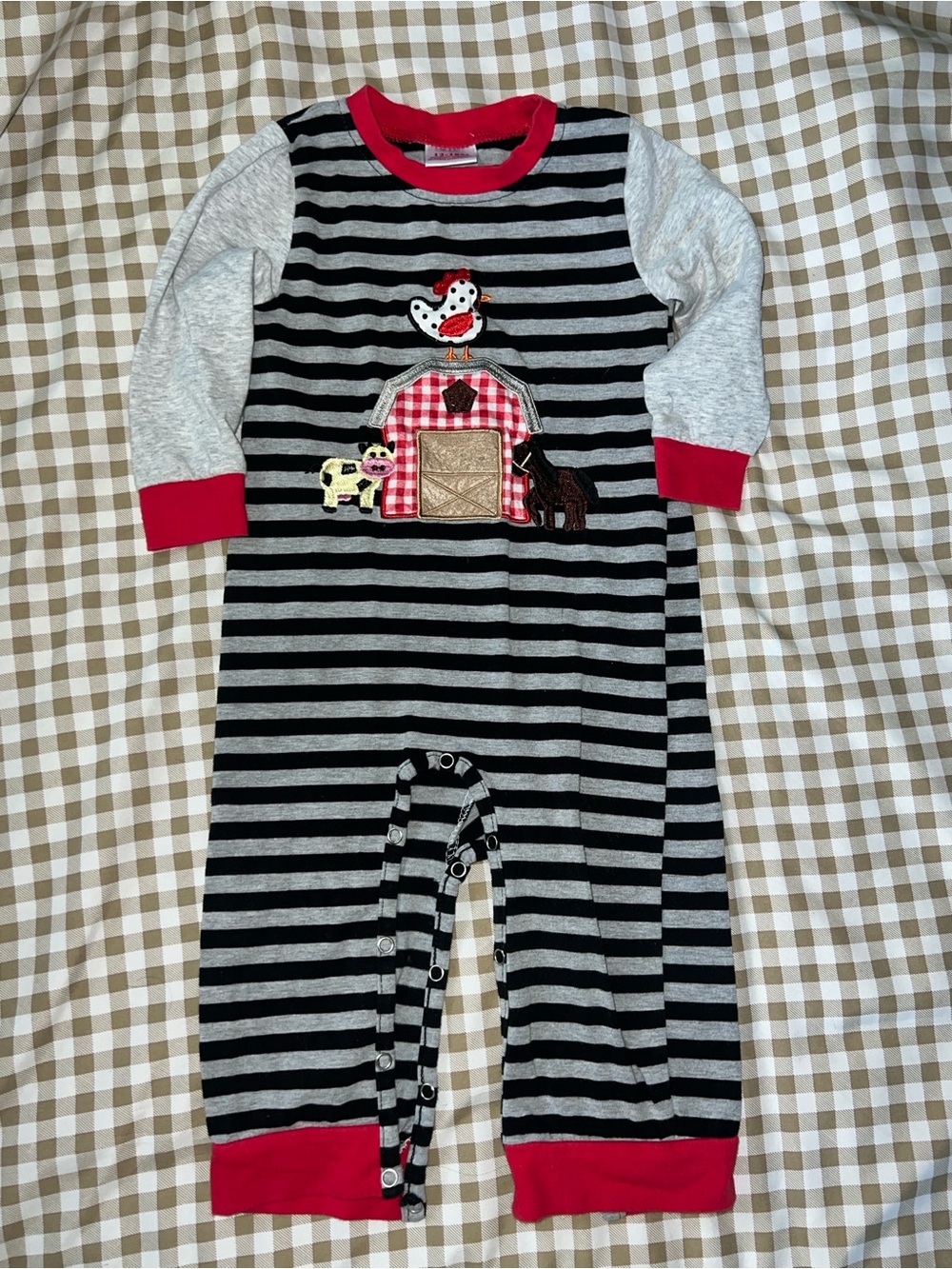 Striped Farm Appliqué Footie One-Piece in Black, Gray & Red